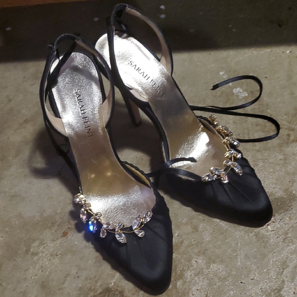 Sarah Flint Black Satin Heels with Crystal Accents